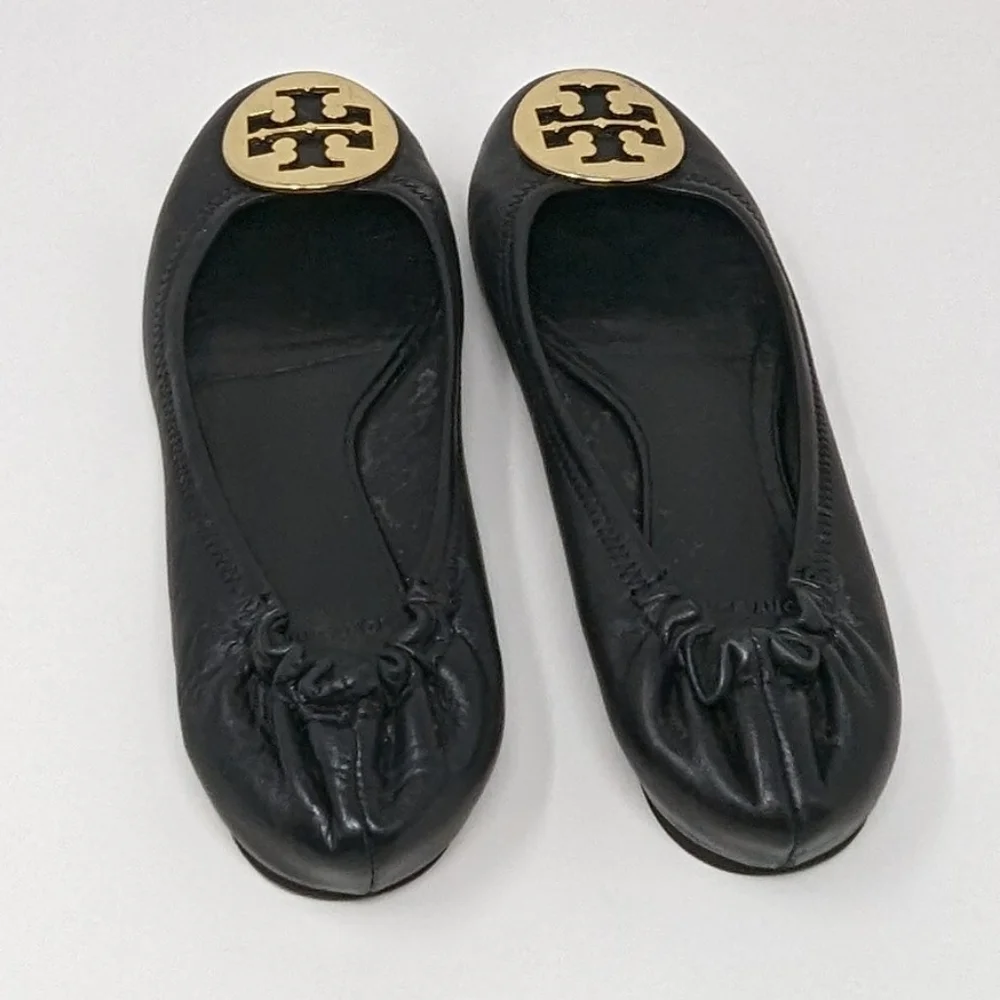 Tory Burch Women Leather Round Toe Classic Reva Ballet Flat Black Gold L…